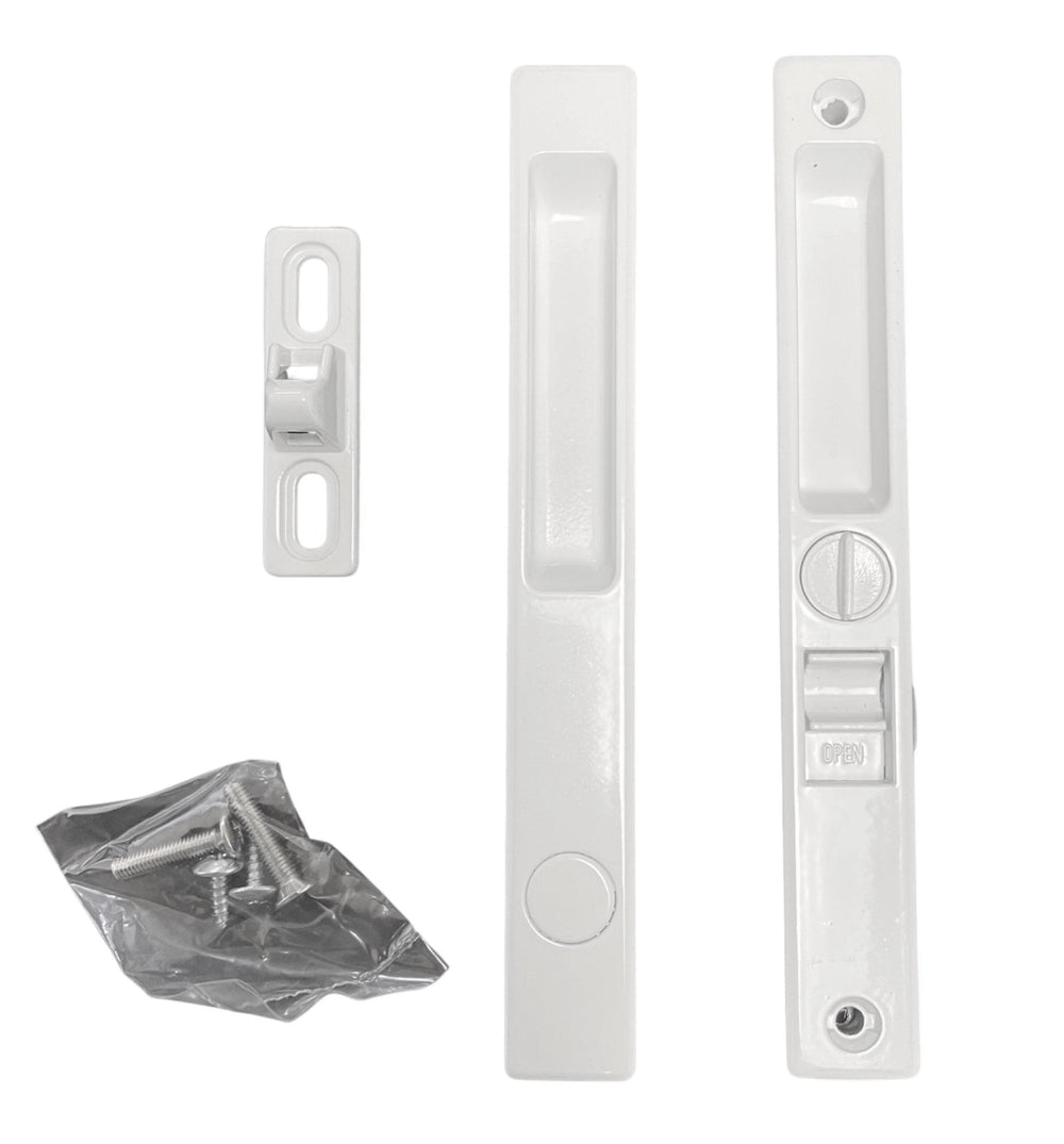 Sliding Door Lock, Non-Keyed, Flush Mount, White, 6-9/16" Screw Holes (DL-504)