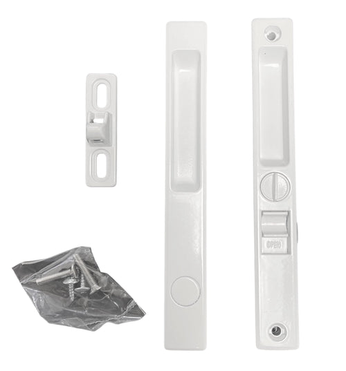 Sliding Door Lock, Non-Keyed, Flush Mount, White, 6-9/16" Screw Holes (DL-504)