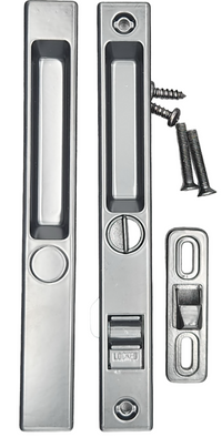 Sliding Door Lock, Non-Keyed, Flush Mount, White, 6-9/16" Screw Holes (DL-504)