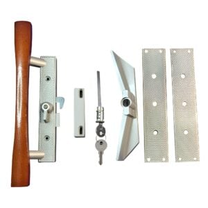 (DH-113) Sliding Patio Door Keyed Aluminum Handle Set with Wood Handle, 3-15/16″ Hole Space