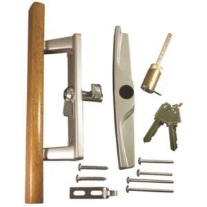 Sliding Patio Glass Door Handle, Keyed Wood and Aluminum, 3-15/16″ Hole Spacing (DH-104K)